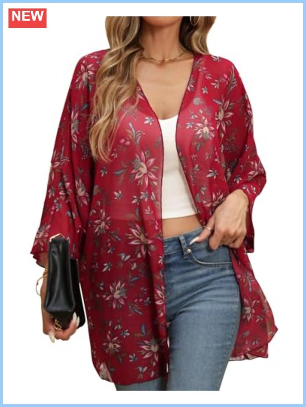 Womens 3/4 Sleeve Chiffon Kimono Cardigan Floral Print Loose Cover-Up